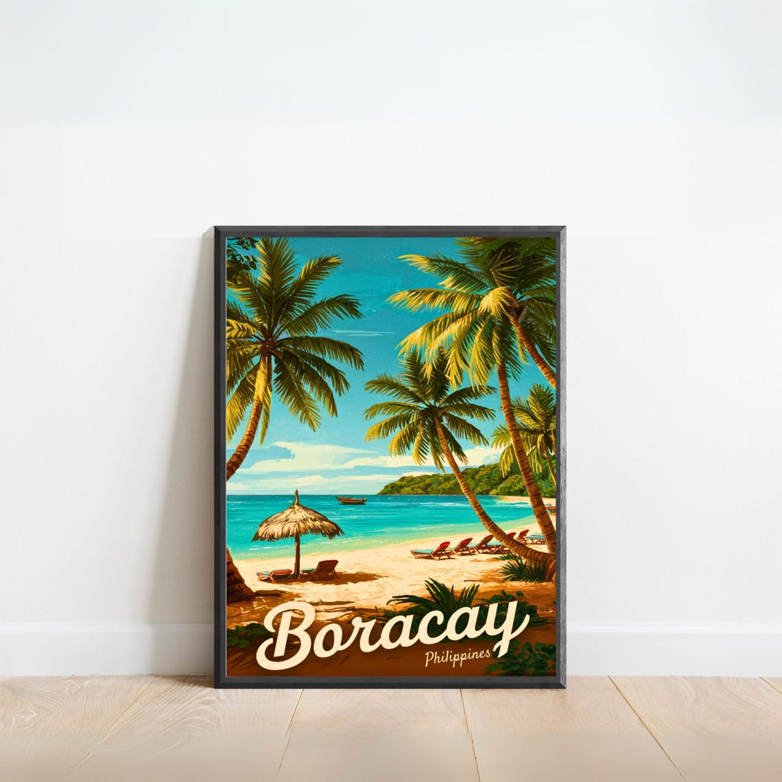 Boracay Philippines Vintage Quiet Beach Umbrella Travel Poster