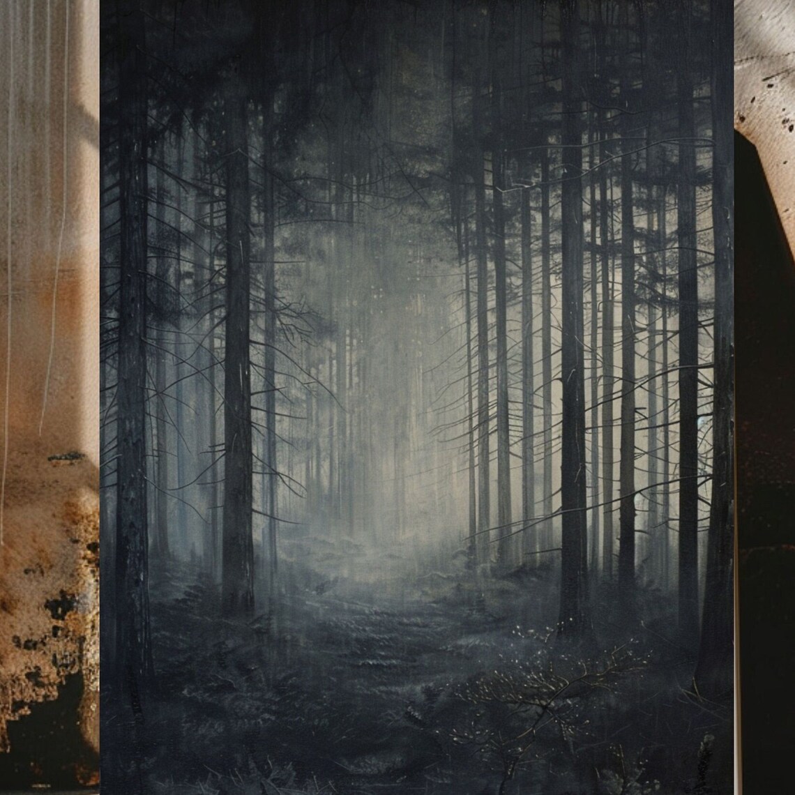 Dark Misty Forest Fog Among Tall Trees Moody Woodland Art Poster