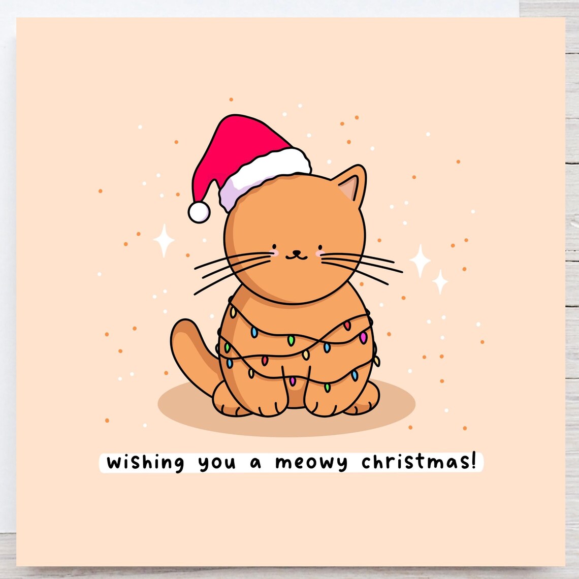 Kawaii Meowy Christmas Ginger Cat Santa Hat Fairy Lights Print
