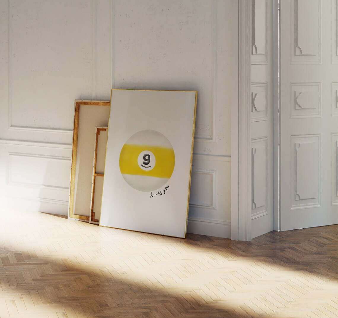 Lucky You Number 9 Yellow Pool Ball Hand Drawn Trendy Retro Wall Art - Image 4