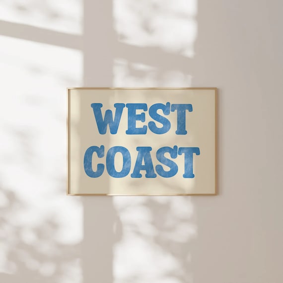 West Coast Blue Retro Distressed Typography Vintage Cream Wall Art