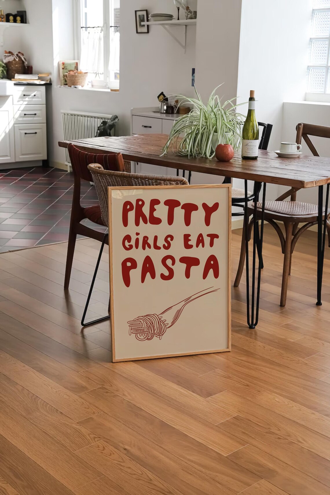 Pretty Girls Eat Pasta Red Retro Kitchen Typography Foodie Poster - Image 4