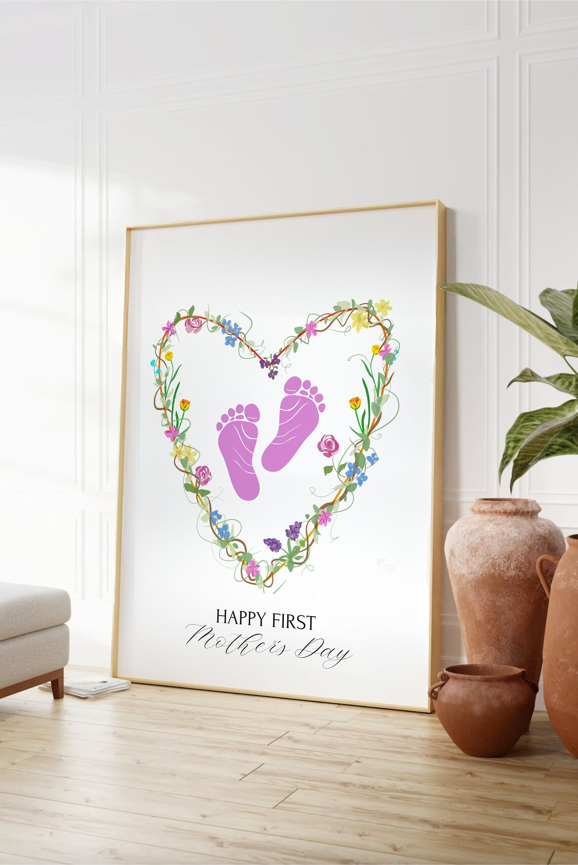 Happy First Mother's Day Baby Footprint Floral Heart Keepsake Poster - Image 4