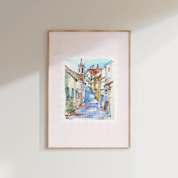 Pink Italian Stamp Print Girly Travel Wall Art Coquette European Coastal Cute Dorm Room Decor