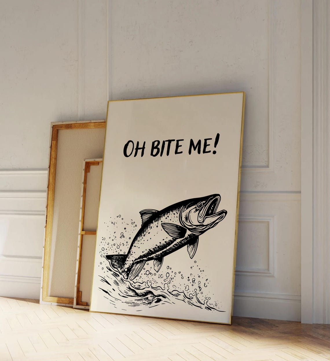 Oh Bite Me Leaping Trout Vintage Fish Illustration Funny Poster - Image 2