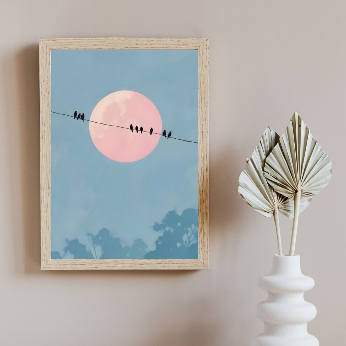 Birds On Wire, Minimalist Blue Sky Painting Decor - Image 4