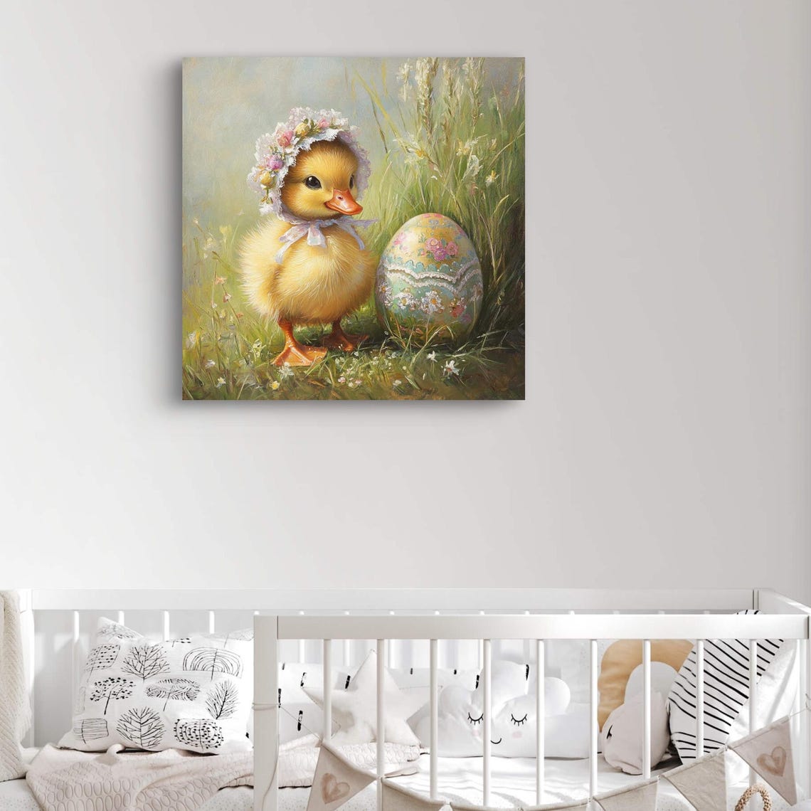 Duckling In Floral Bonnet With Painted Easter Egg Spring Meadow Poster