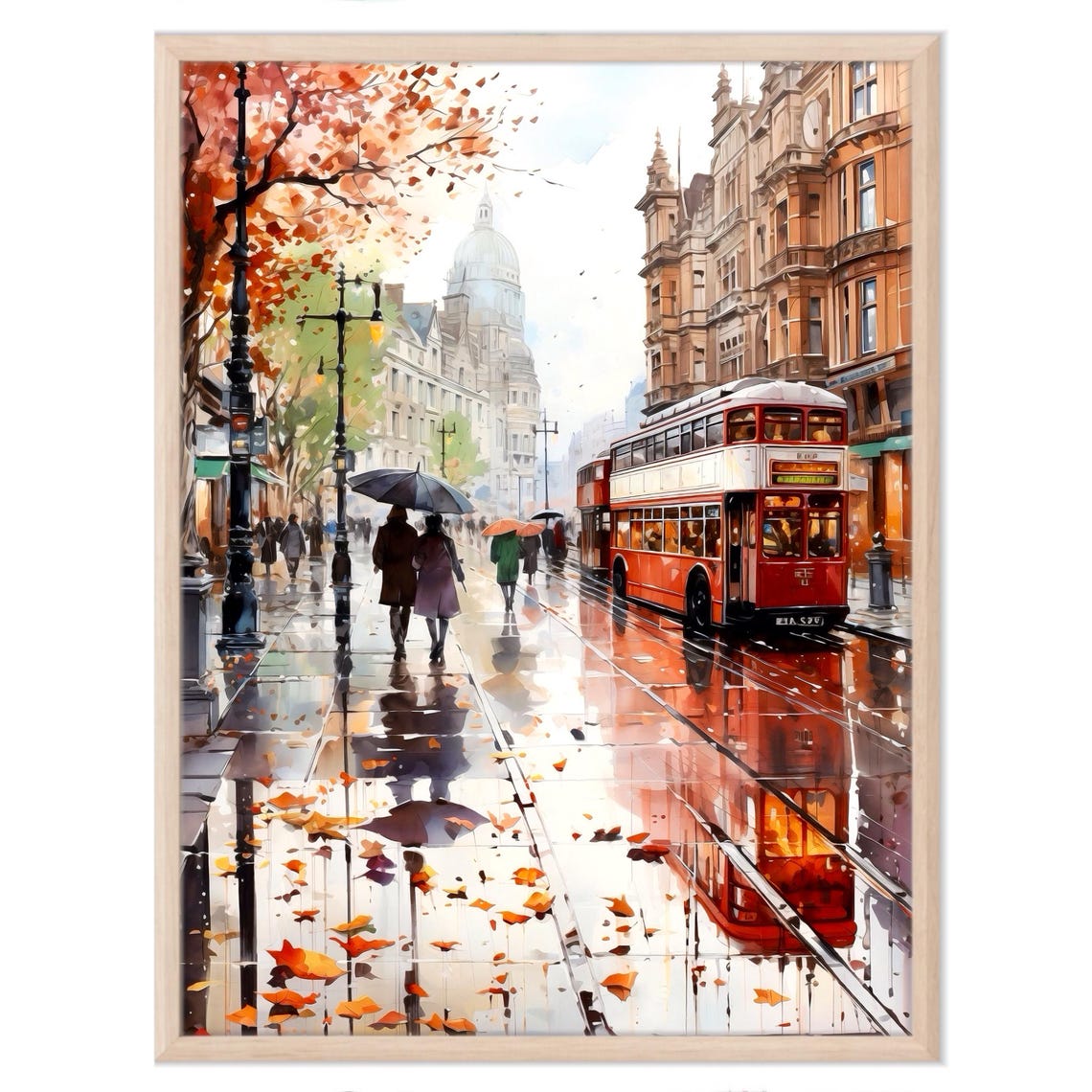 London Rainy Street Red Double Decker Bus Autumn Watercolor Poster