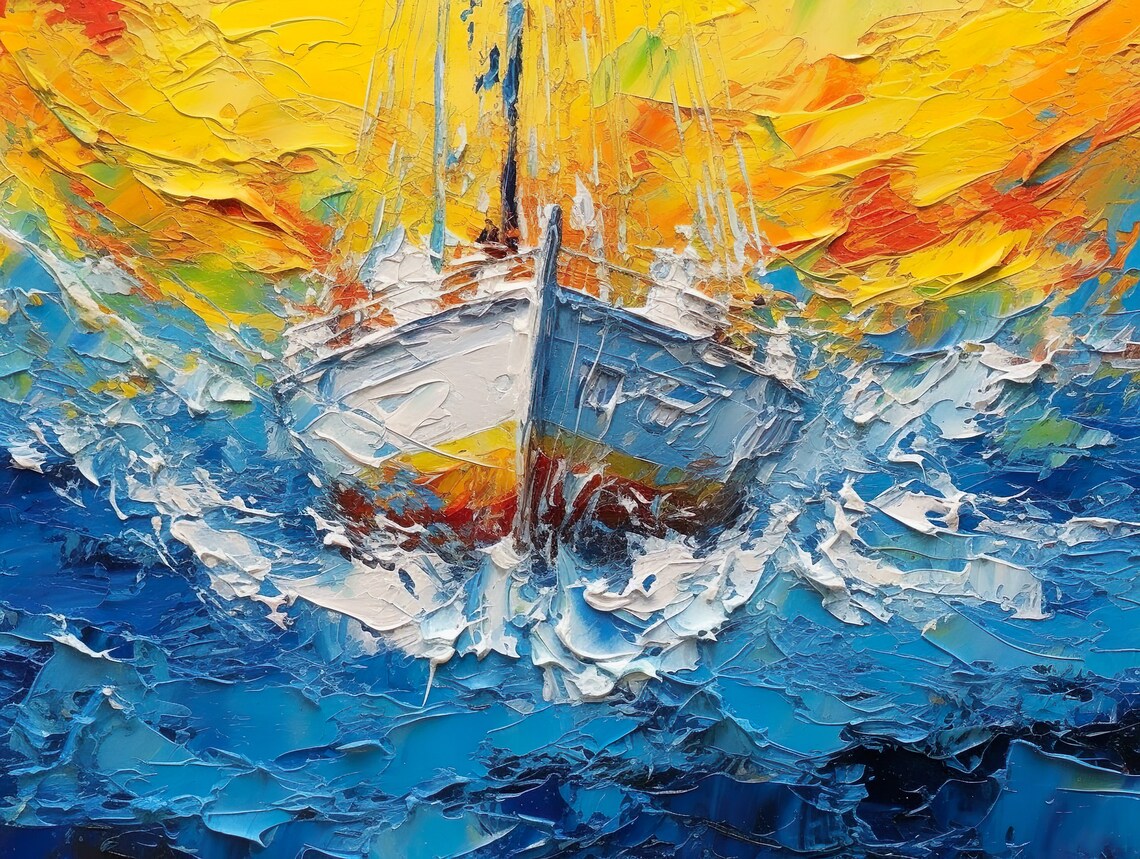 Abstract Sailboat Rough Sea Blue Yellow Palette Knife Art Poster
