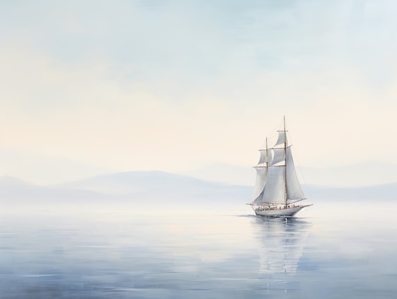 Tall Ship Sailboat Minimalist Misty Calm Sea Dawn Oil Painting Poster
