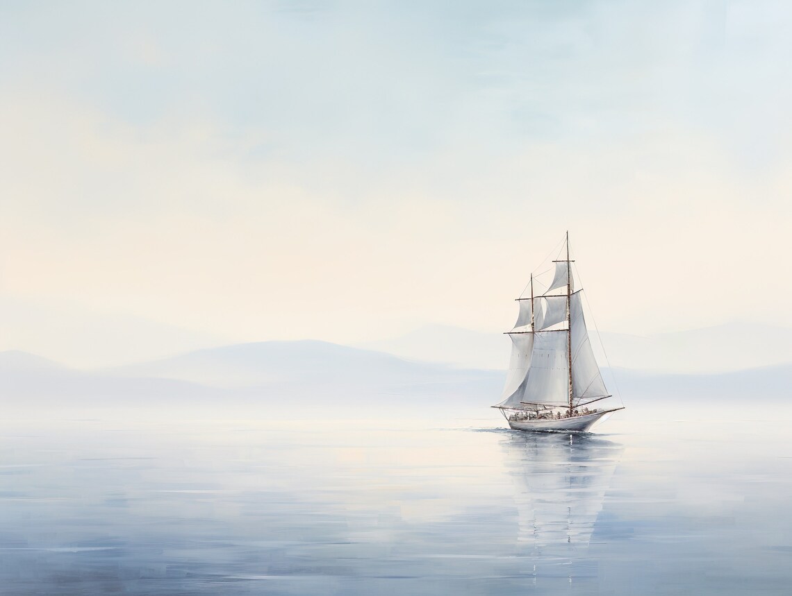 Tall Ship Sailboat Minimalist Misty Calm Sea Dawn Oil Painting Poster