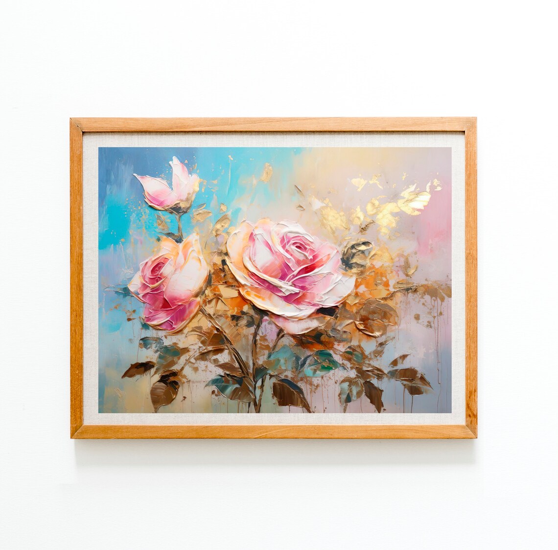 Blush Pink Roses Pastel Golden Leaves Impasto Oil Floral Art Print