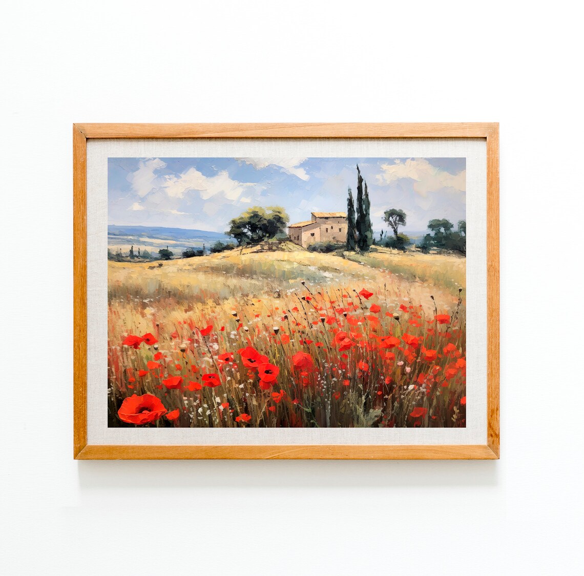 Tuscan Country House Red Poppy Field Oil Painting Landscape Poster