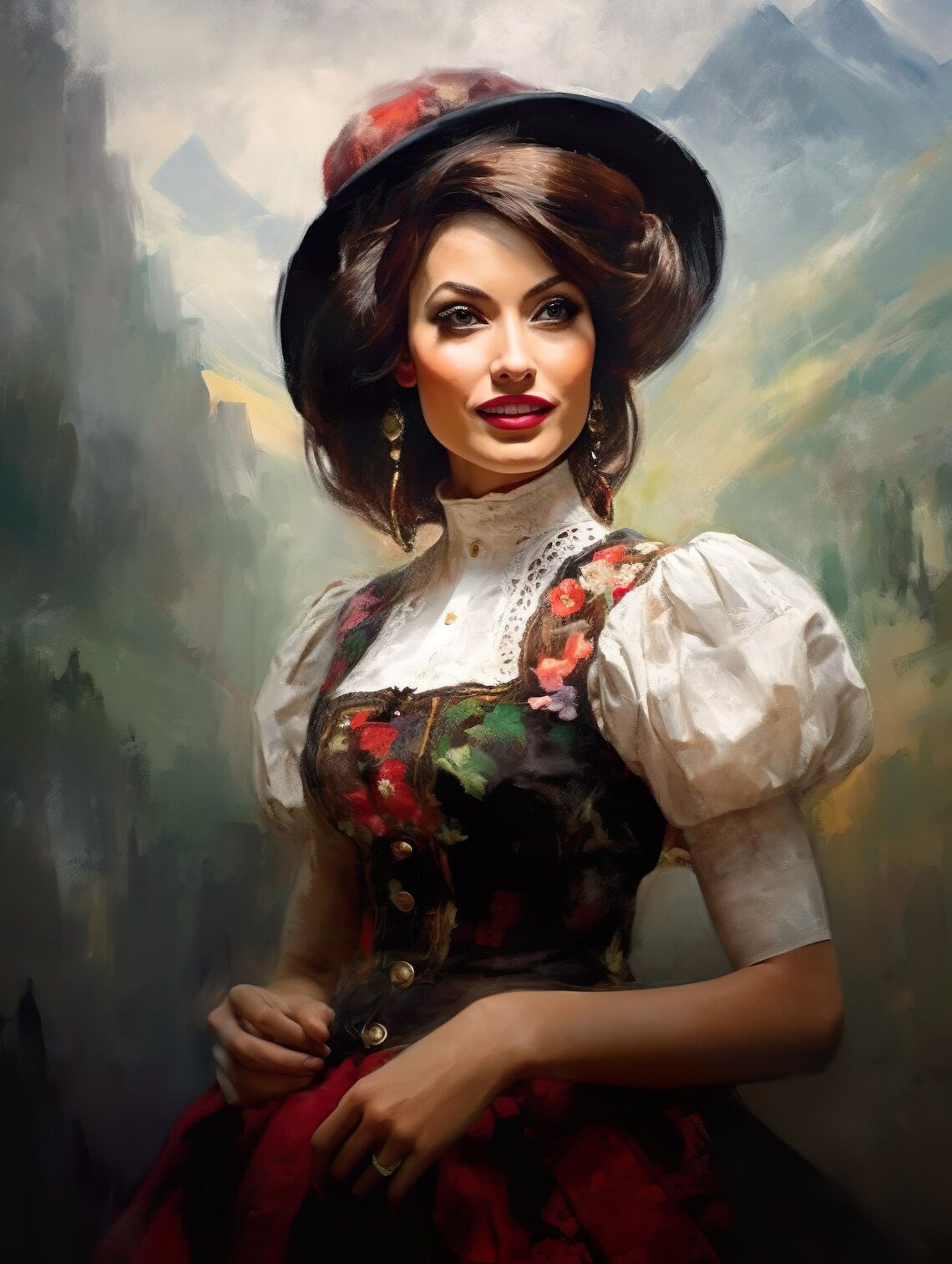 Black Forest Woman Traditional Bollenhut Hat Oil Portrait Poster