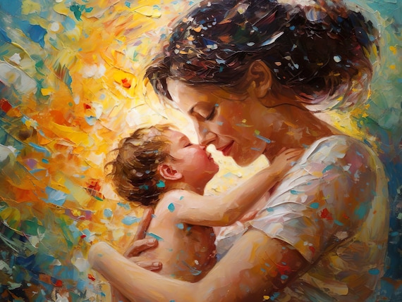Mother And Baby Embrace Colorful Impasto Oil Painting Love Poster