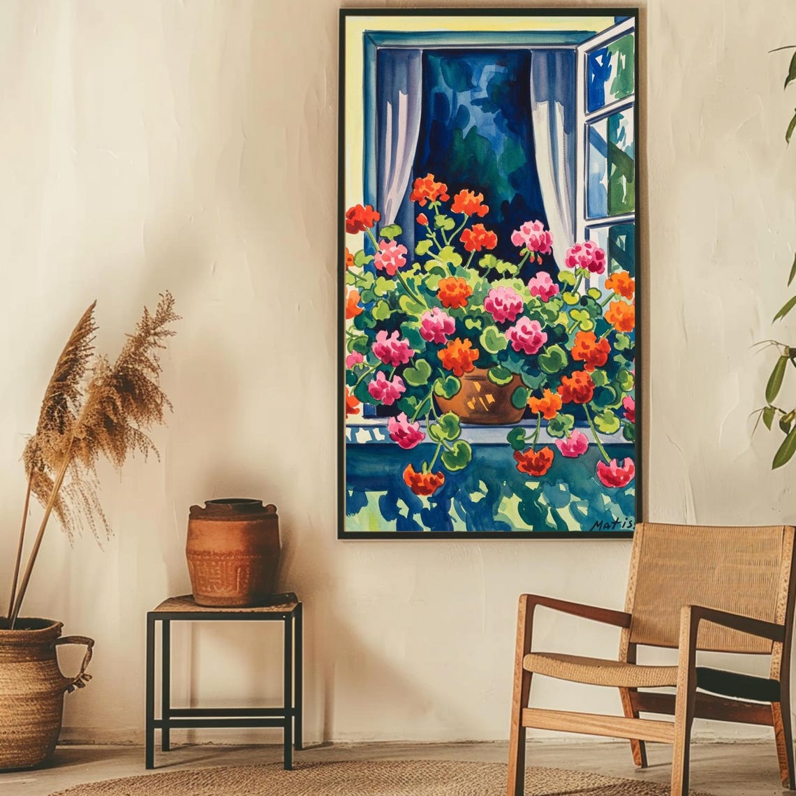 Vibrant Matisse Style Geranium Flowers Window Sill Art Poster