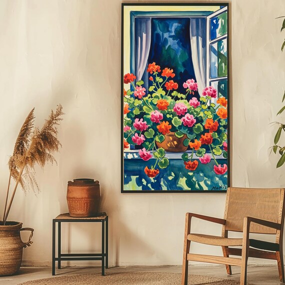 Vibrant Matisse Style Geranium Flowers Window Sill Art Poster