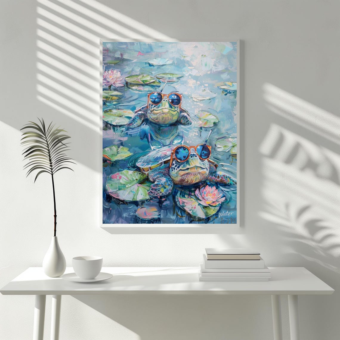 Two Cool Turtles Wearing Sunglasses Water Lily Pond Scene Print