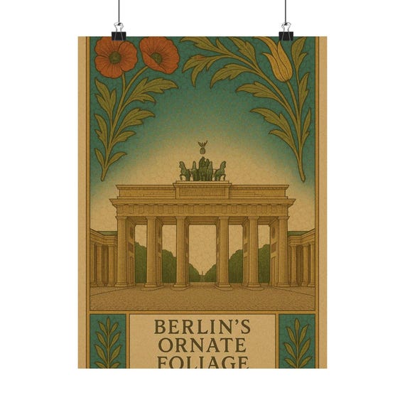 Berlin Travel Poster William Morrisbrandenburg Gate Printvintage Floral Architecture Wall Art Retro Illustration European City