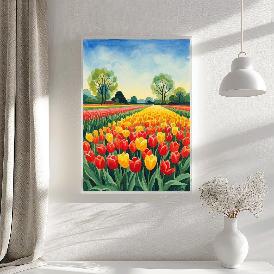 Colorful Tulip Field Red Yellow Blooms Floral Watercolor Poster