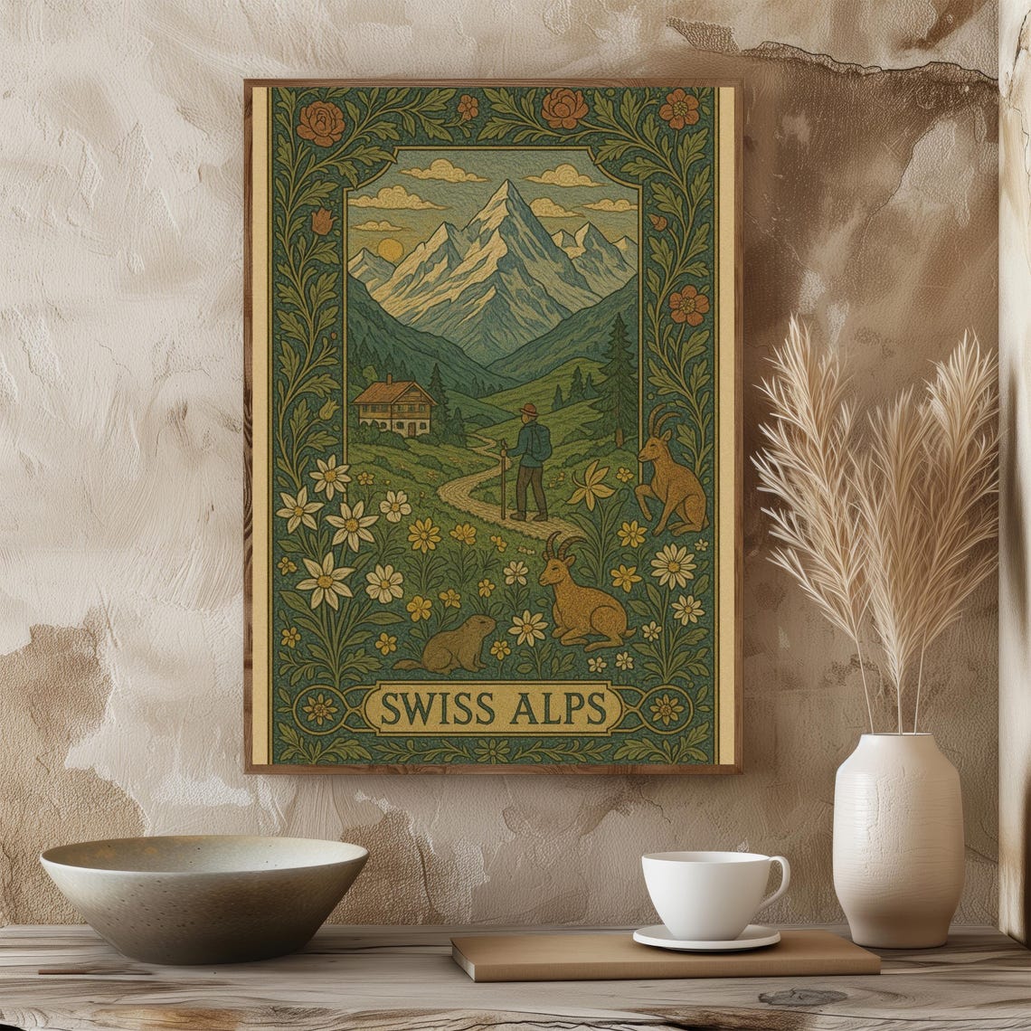 Swiss Alps Hiker Among Ibex and Daisies William Morris Style Poster