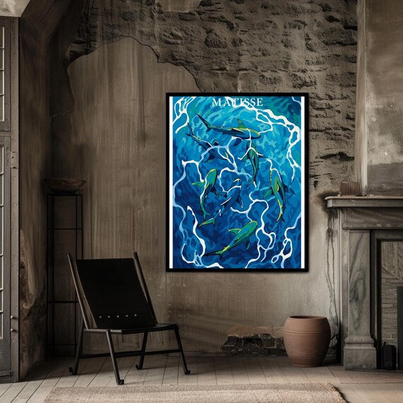 Matisse Poster Vibrant Matisseinspired Sharks Printocean Artwork Swirling Blue Waters Bold Colorsplayful Patternsartistic Decor