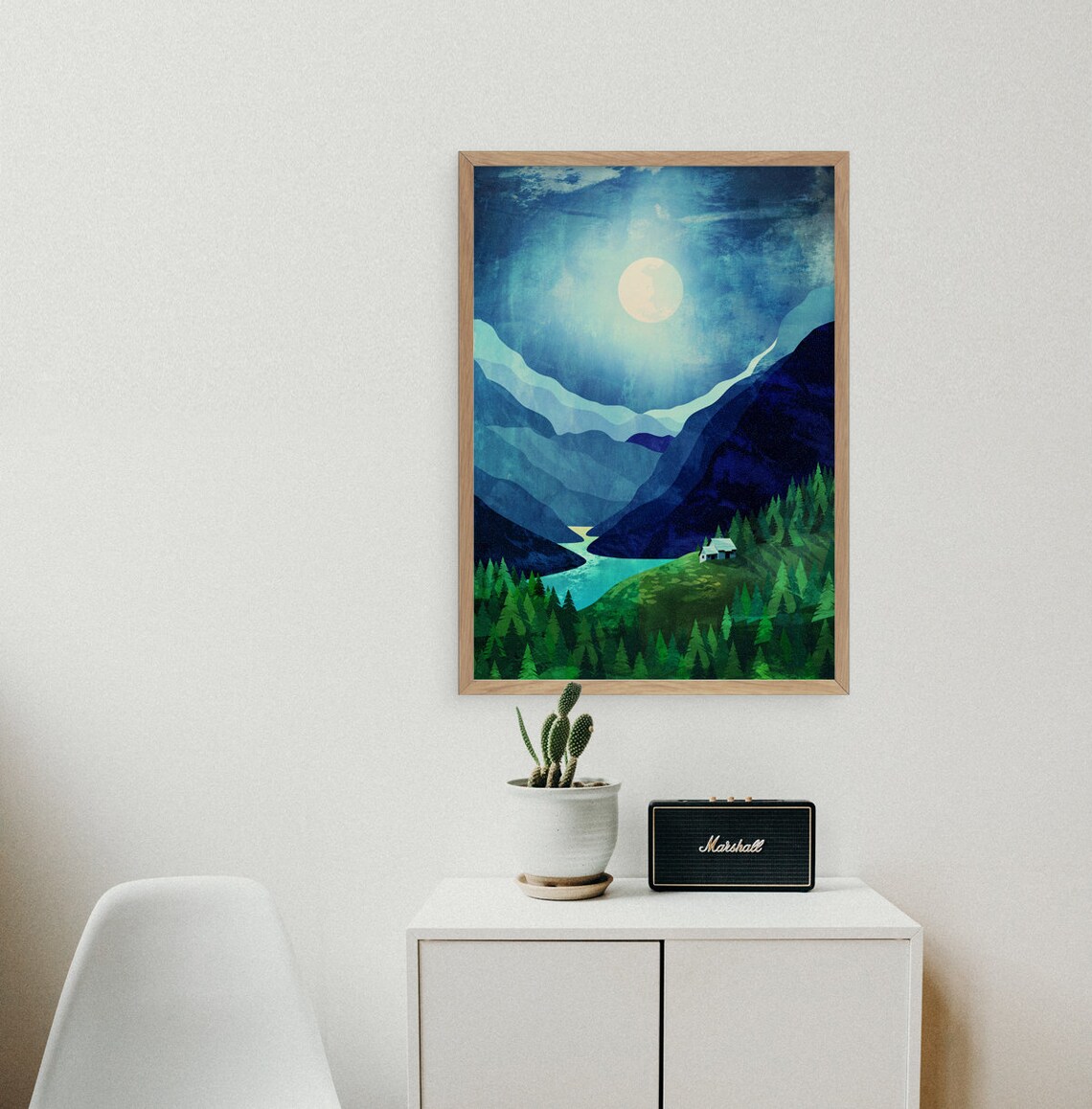 Moonlight Shadow Mountain Landscape Art Print - Image 2