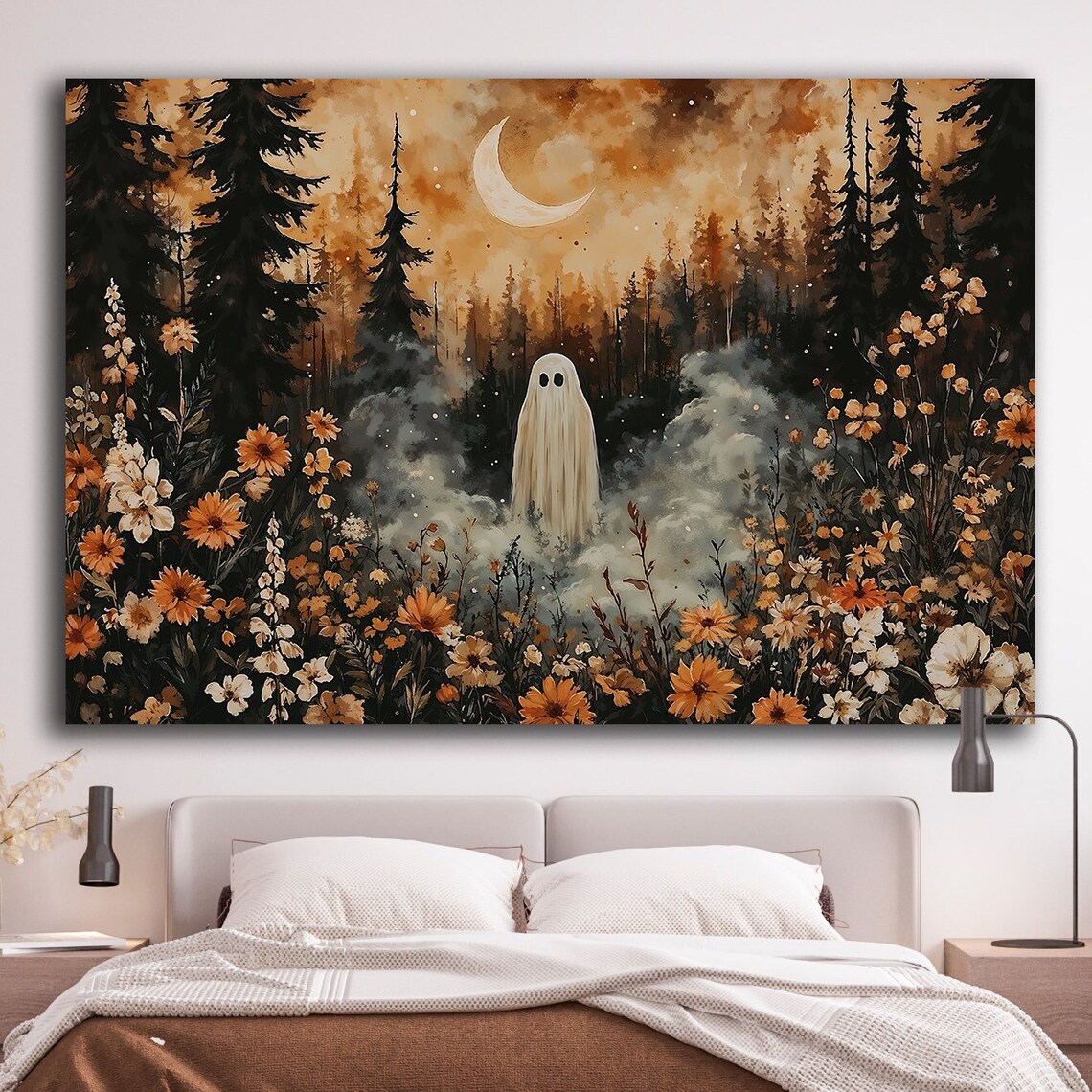 Lone Ghost in Wildflower Forest Under Crescent Moon Autumn Poster