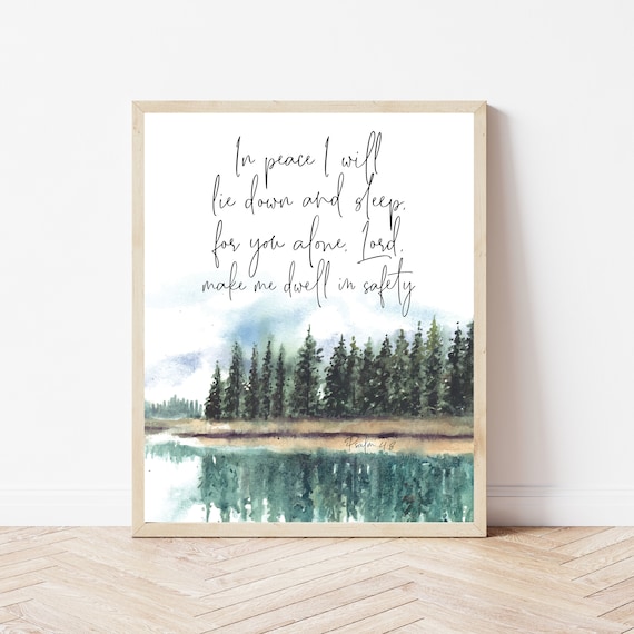 Psalm 48 In Peace I Will Lie Down Bible Wall Decor Scripture Bedroom Sign Forest Verse Christian Art Above Bed