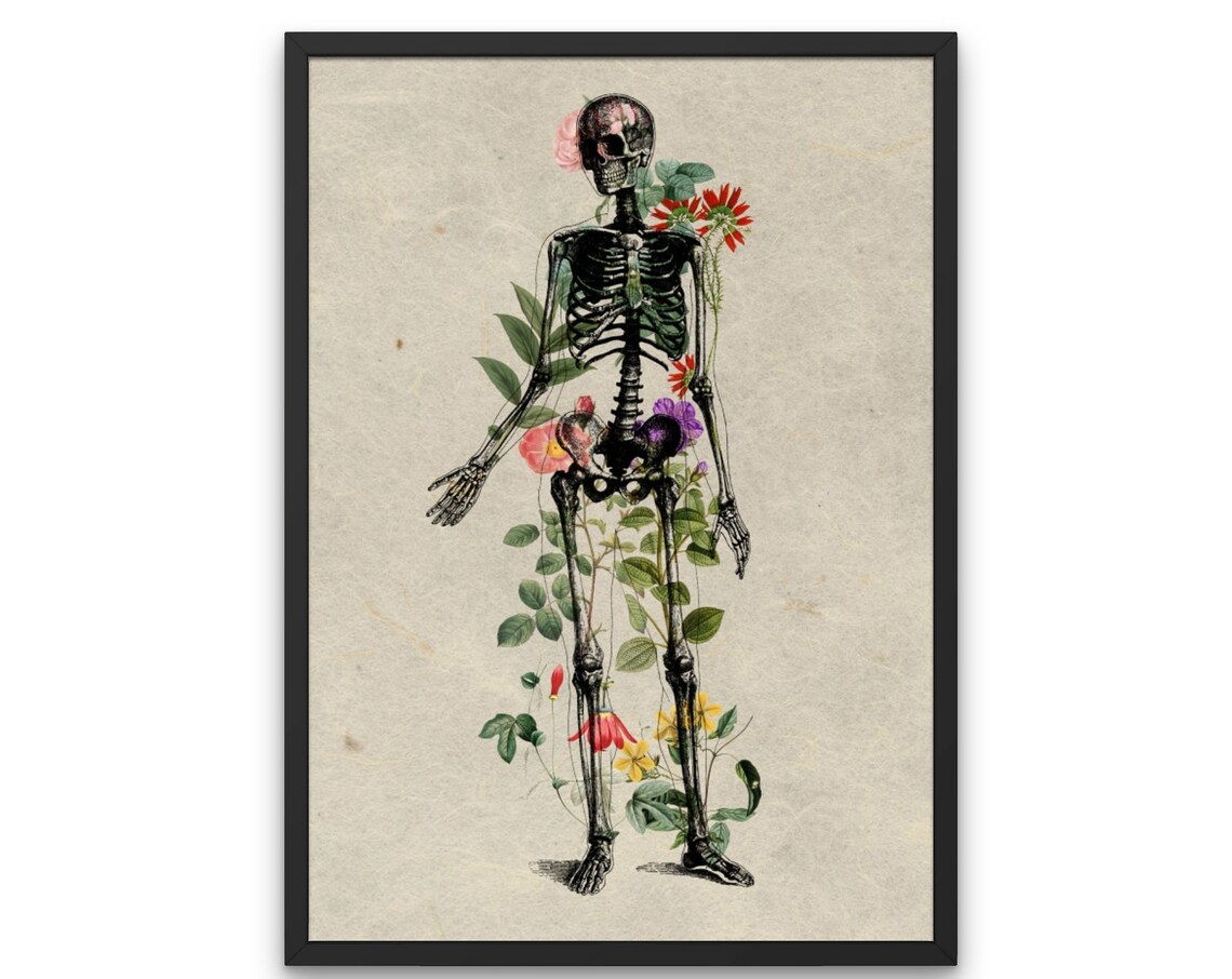 Antique Floral Human Anatomy Art Print, Botanical Skeleton