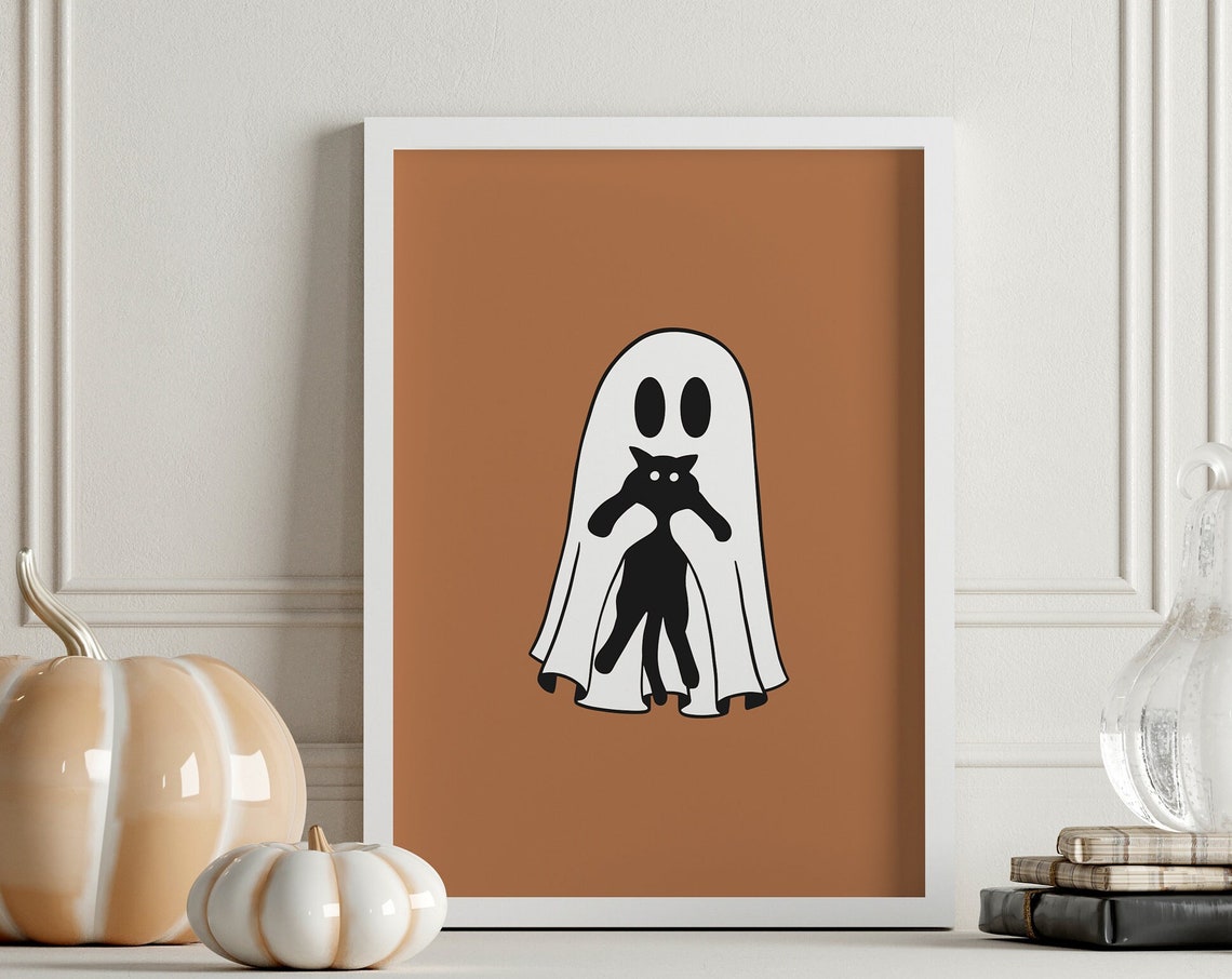 Halloween Ghost Holding Cat Caramel Brown Fall Background Poster