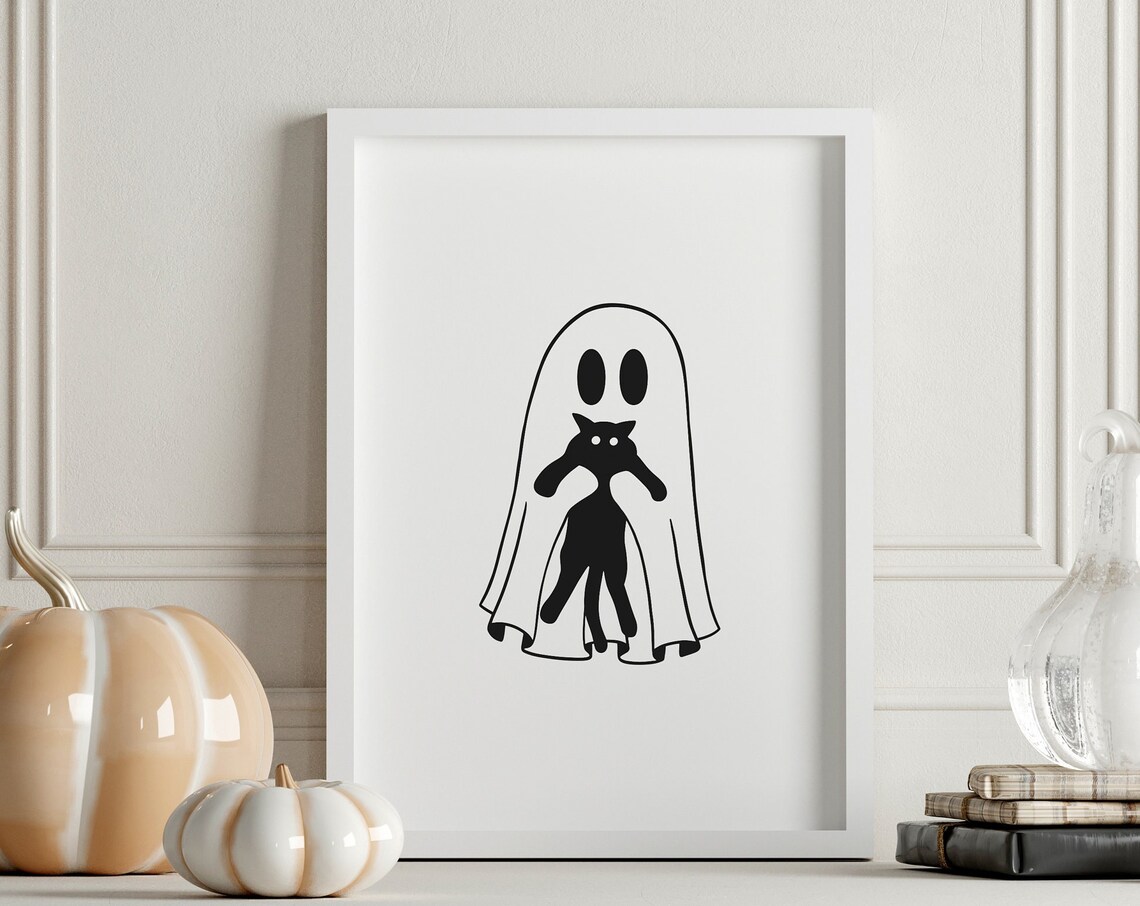 Cute Ghost Black Cat Halloween Minimalist Spooky Season Poster