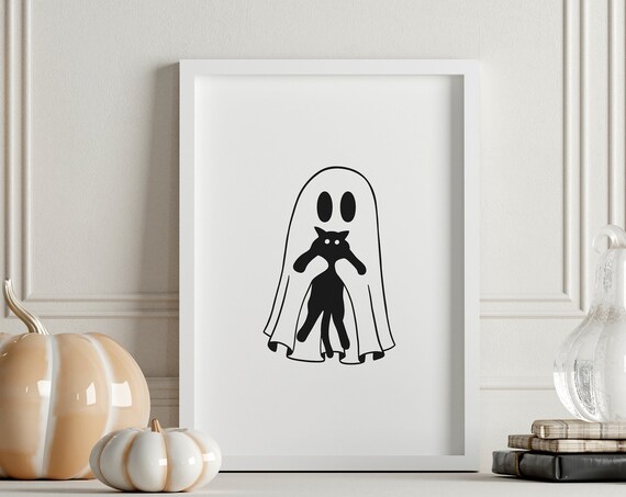 Cute Ghost Black Cat Halloween Minimalist Spooky Season Poster