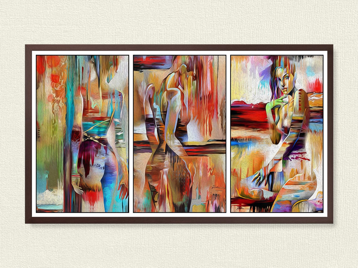 Colorful Modern Figurative Woman Triptych 3 Panel Abstract Art Poster - Image 3