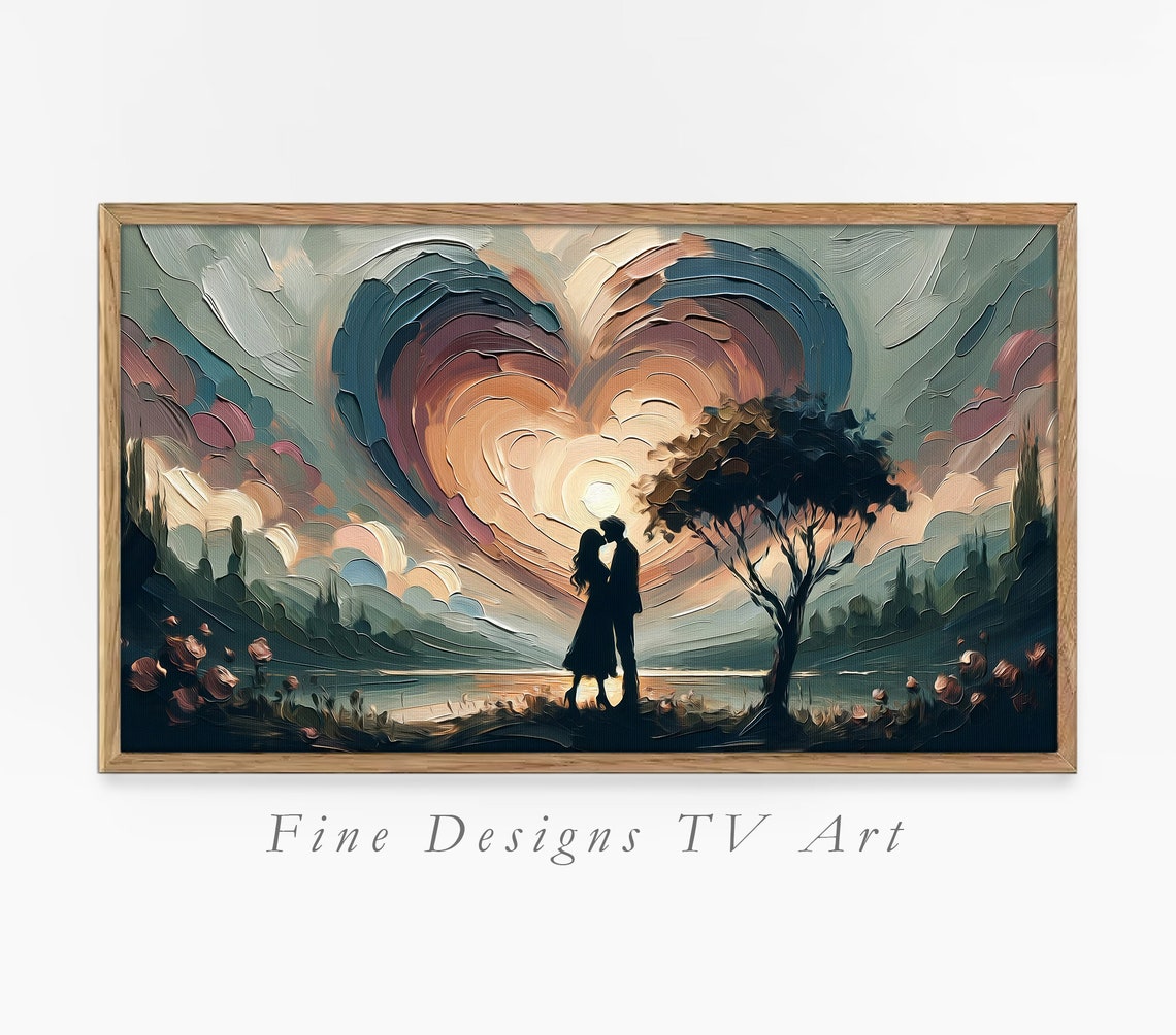 Couple Kissing Under Heart Shaped Sunset Sky Romantic Love Poster