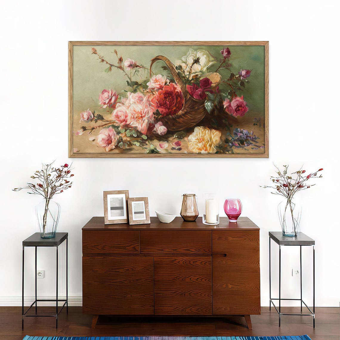 Vintage Rose Basket Still Life Pink Red Cream Flower Art Poster - Image 4