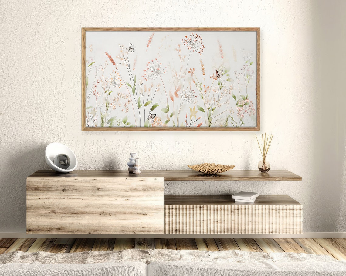 Beige Wildflower Meadow Butterflies Minimal Spring Art Print - Image 2