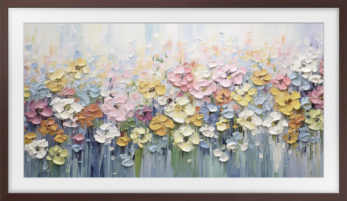 Pastel Flower Field Impasto Pink Yellow Blue Blossom Garden Art Print - Image 3