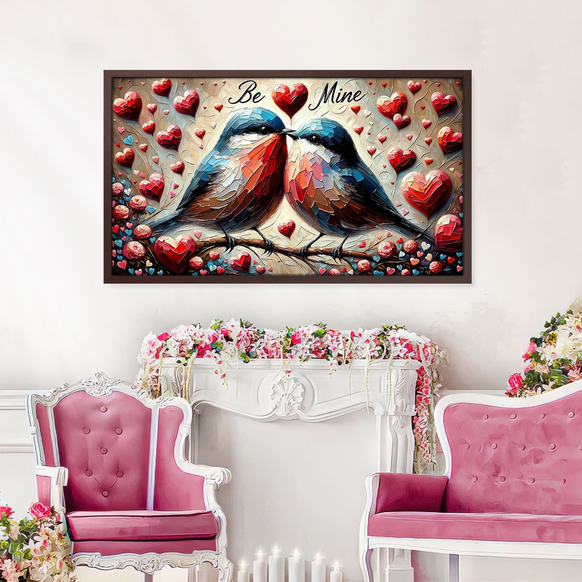 Be Mine Kissing Lovebirds Valentine Heart Mosaic Romantic Bird Poster - Image 2
