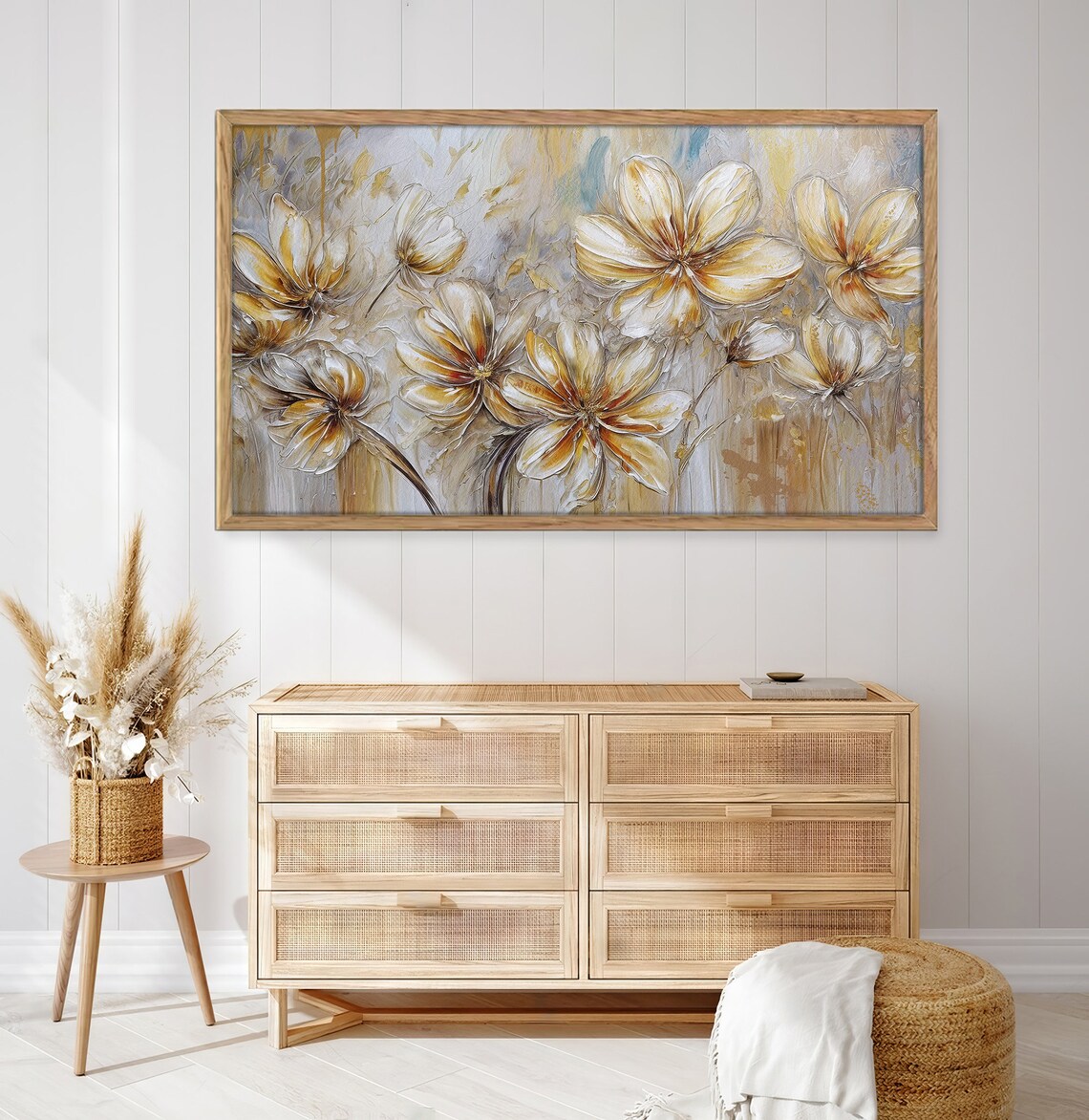 Golden Flowers Abstract Gold Gray Textured Oil Painting Art Print - Image 2