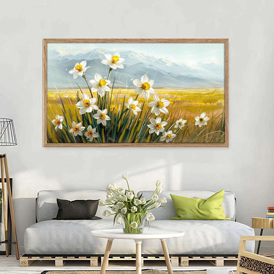 White Daffodil Meadow Spring Bloom Mountain Landscape Flower Poster - Image 2