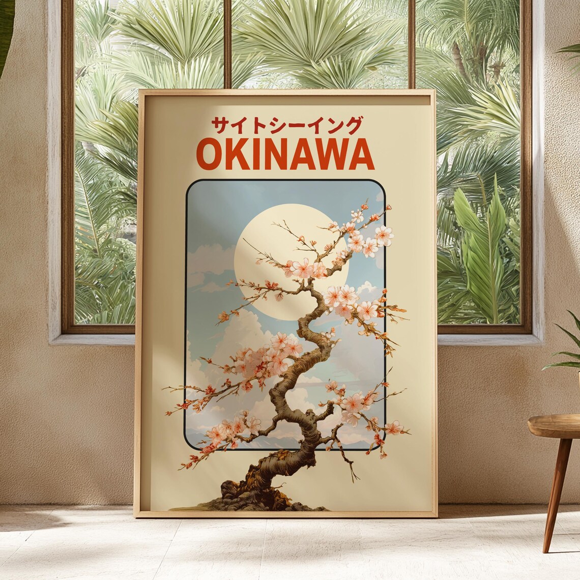 Okinawa Vintage Travel Poster, Japan Cherry Blossom