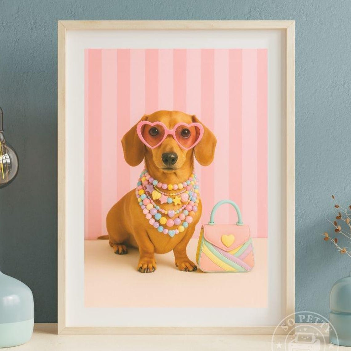 Preppy Dachshund With Heart Sunglasses And Pearl Necklaces Dog Poster