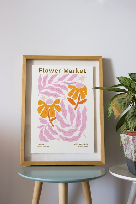Flower Market Retro Botanical Event Poster Pink Orange Blooms