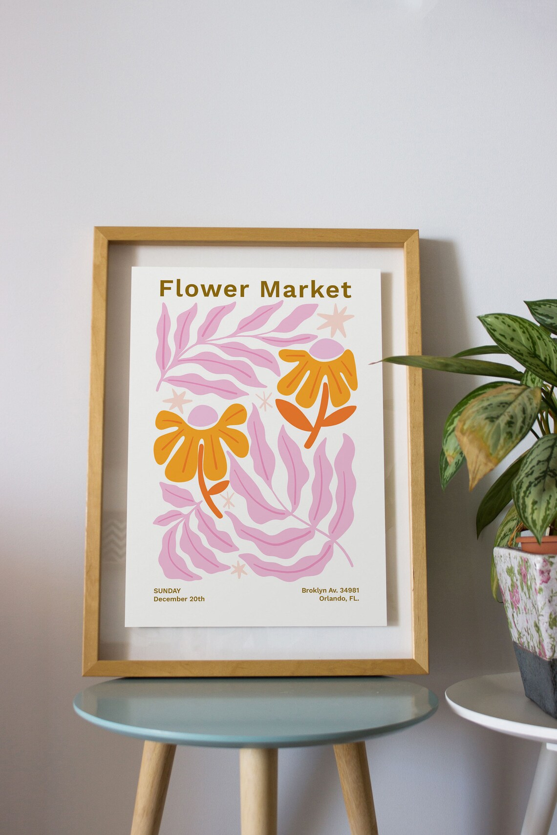 Flower Market Retro Botanical Event Poster Pink Orange Blooms