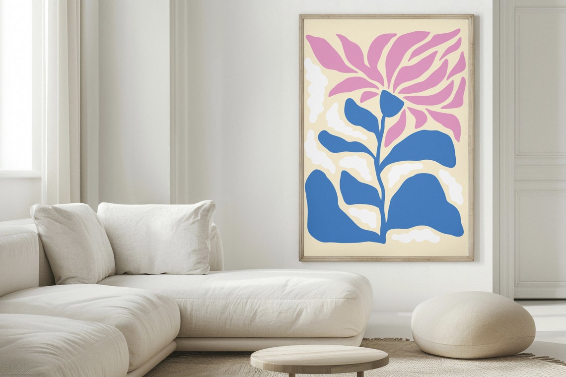 Modern Abstract Blue and Pink Flower Bloom Minimalist Wall Art