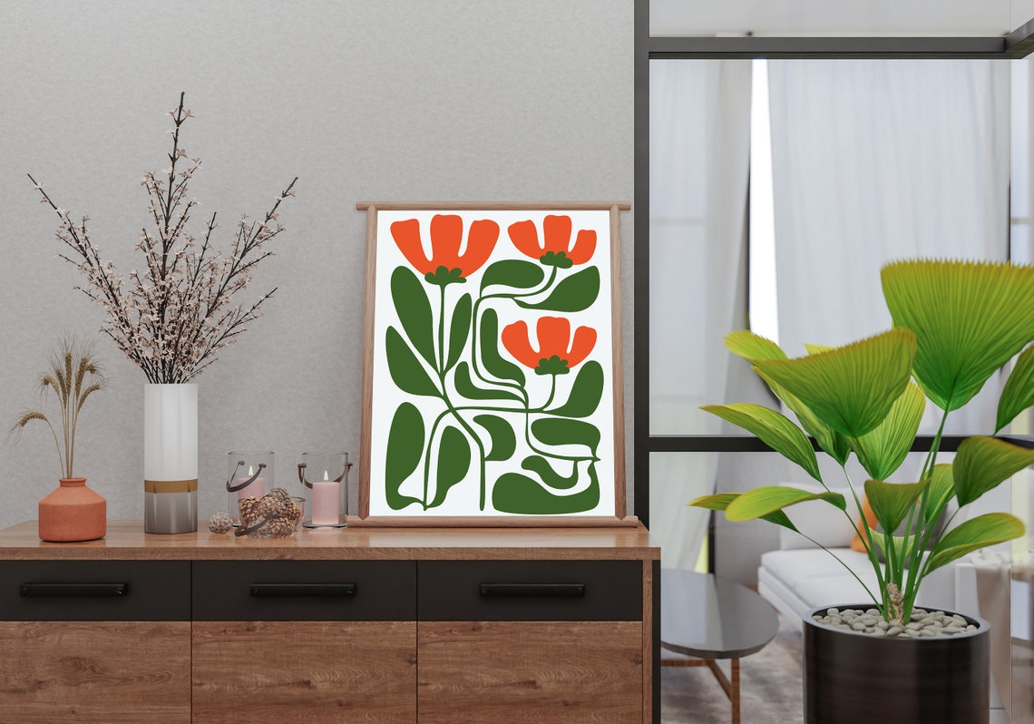 Bold Red Tulips Abstract Mid Century Botanical Graphic Poster