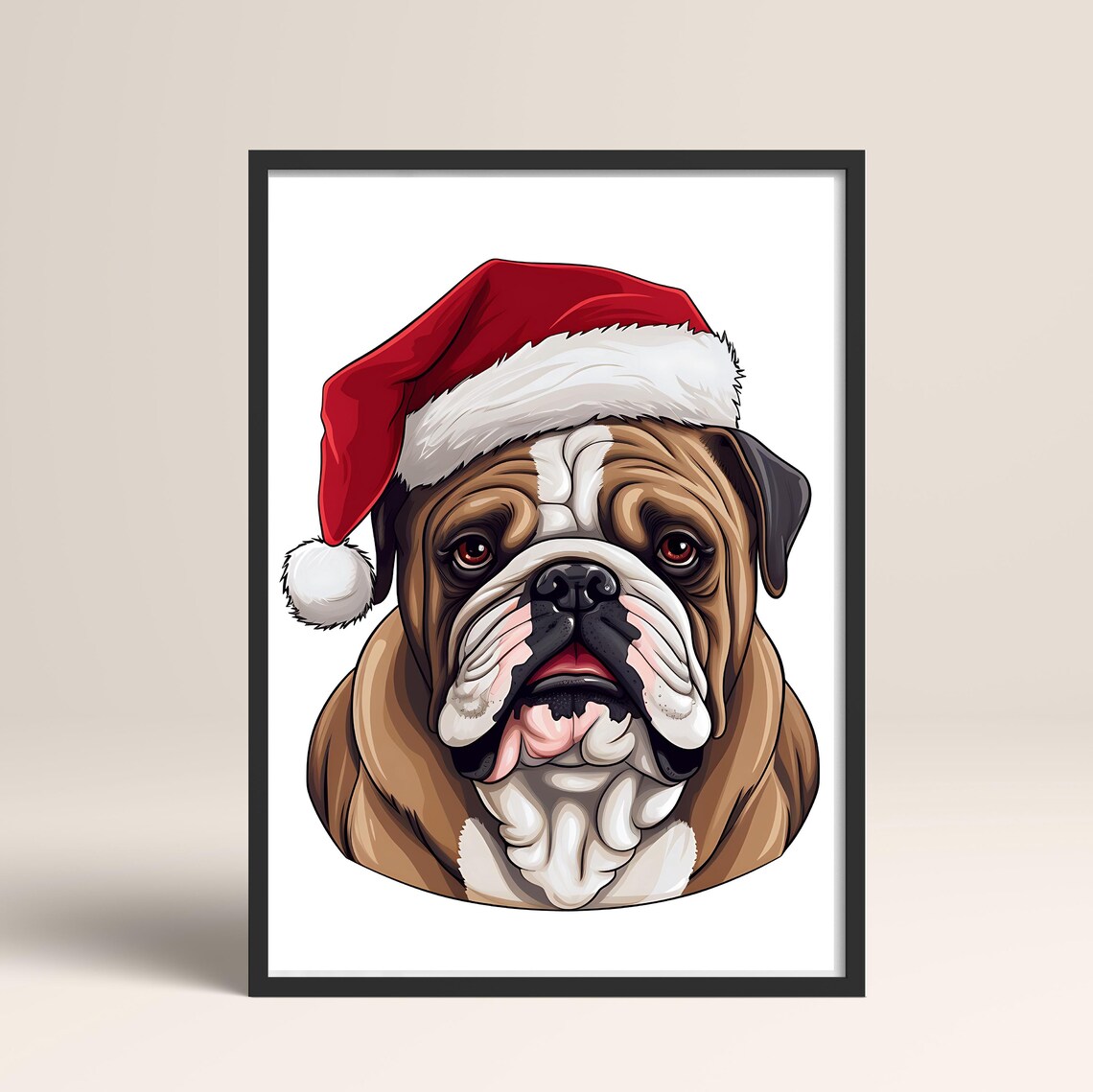 English Bulldog In Santa Hat Detailed Portrait Christmas Print