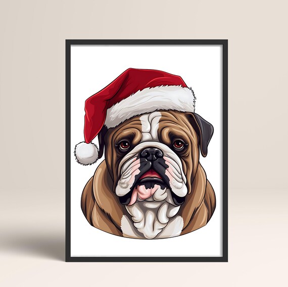 English Bulldog In Santa Hat Detailed Portrait Christmas Print