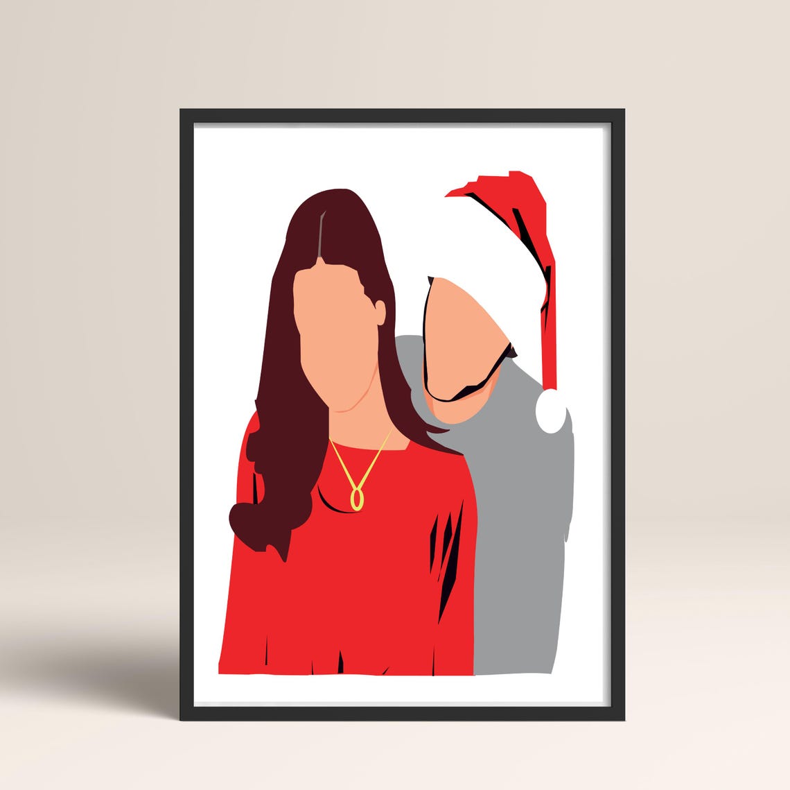 Faceless Christmas Couple With Santa Hat Modern Illustration Poster